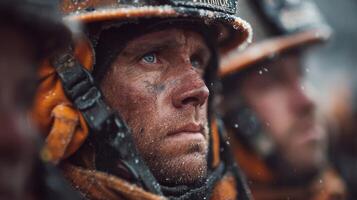 Firefighter prepares for action during a snowstorm while responding to an emergency situation in an urban area photo