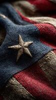 Vintage fabric flag detail showcasing a five-pointed star with rich textures and colors, capturing historical significance photo