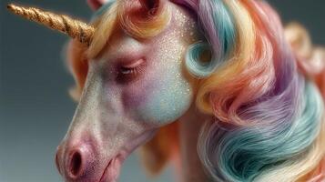 Colorful unicorn sculpture with intricate details and vibrant mane displayed against a neutral background photo