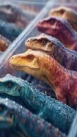 Collection of colorful dinosaur figures displayed under rain with droplets glistening on their surfaces photo