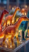 Colorful dinosaur toys on display at a children's event in a vibrant indoor setting during the afternoon photo