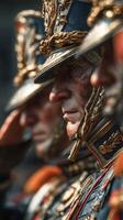 Soldiers in ceremonial uniforms salute during a parade in a historic city square on a sunny afternoon photo