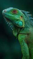 Bright green iguana displaying vibrant colors against a dark background in a natural setting during the day photo