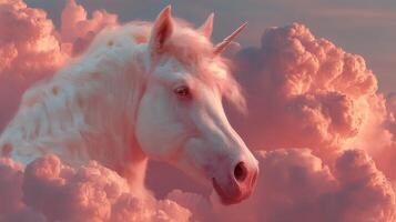 Enchanted unicorn emerges from cotton candy clouds at sunset in a dreamy landscape photo