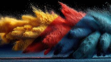 Colorful powder explosion creates vibrant hues against dark background showcasing dynamic movement and energy photo