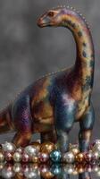 Colorful dinosaur sculpture surrounded by decorative pearls on a textured background photo