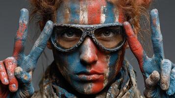 Bold expression of artistic creativity through vibrant face paint and unique eyewear during a festival celebration in an indoor space photo