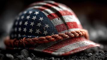 Vintage cap featuring American flag design rests on gravel background at dusk showcasing detailed craftsmanship photo