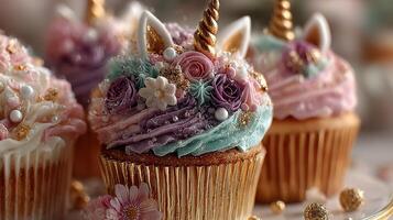 Decorative unicorn cupcakes with pastel colors and toppings displayed on a table at a festive celebration photo