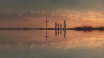 Family walks along serene waterfront at sunset, reflecting on the day and symbolizing love and connection photo