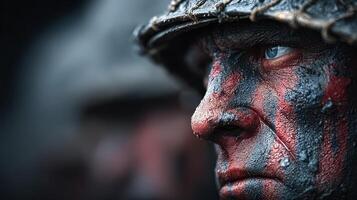 Soldier adorned with camouflage paint during a reenactment event in a historical setting photo