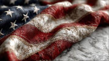 Worn American flag draped over a textured surface during a sunny afternoon photo