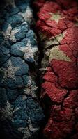 Tensions between two nations illustrated through cracked textures of American and Chinese flags photo