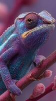 Vibrant chameleon perched on a branch showcasing unique colors and textures in a natural habitat during daylight photo