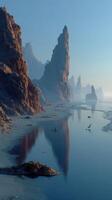 Serene coastal landscape featuring towering rock formations and calm waters at dawn photo
