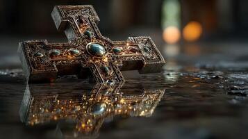 Intricate wooden cross with gemstones resting on a reflective surface in an ancient church, illuminated softly by ambient light photo
