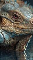 Close-up of a coiled iguana exhibiting textured scales and vibrant colors in a natural habitat near water during daylight photo