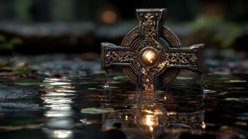 Mysterious Celtic cross emerges from serene water at twilight, surrounded by lush greenery and soft reflections photo