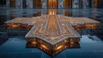 Detailed decorative cross illuminated at dusk in an open plaza, highlighting intricate carvings and serene atmosphere photo