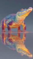Digital artwork of a stylized crocodile with colorful mesh details reflecting on water in a serene environment photo