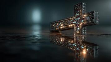 Intricate cross reflecting light on a serene surface in a dimly lit environment photo