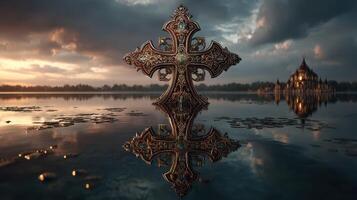 Ornate cross reflecting on tranquil water near a grand structure at sunset with dramatic clouds in the sky photo