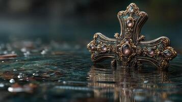 Intricate cross submerged in tranquil water surrounded by ripples and reflections photo