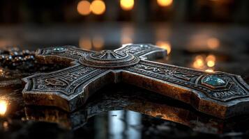 Detailed close-up of a decorative metallic cross resting on a marble surface with candles in the background photo