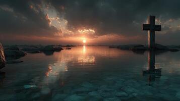 Sunset over tranquil lake with cross silhouette reflecting on calm waters photo