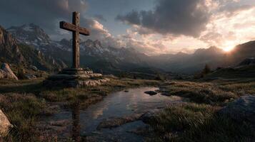 Mountain landscape with wooden cross at sunset over tranquil water in a serene setting photo