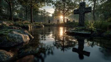 Peaceful graveyard at sunrise with reflections on water and ancient tombstones surrounded by trees photo