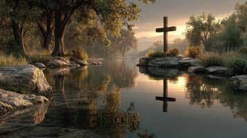 Serene river landscape with cross at sunset reflecting in calm water surrounded by lush trees and stones photo