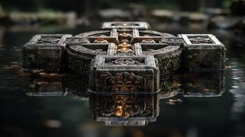 Ancient stone cross surrounded by water reflecting serene natural landscape at dusk photo