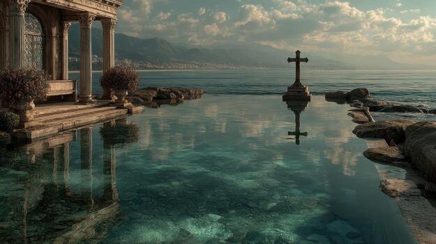 Serene waters reflect ancient architecture under a cloudy sky near the shoreline at twilight photo