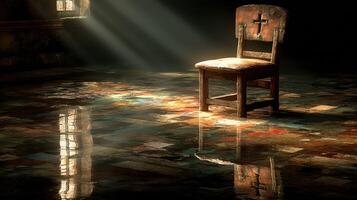Old wooden chair in dimly lit room reflecting light on wet floor during afternoon photo