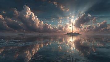 Serene sunset over tranquil waters with a cross reflecting in the peaceful atmosphere photo