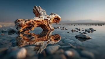 Reflection of a weathered log in shallow water at dawn near a rocky shoreline by a tranquil lake photo