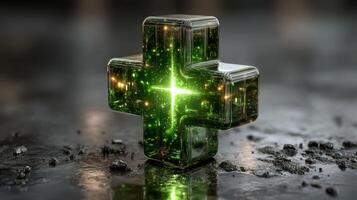 Green medical cross symbol glowing with light on a dark surface showing depth and texture photo