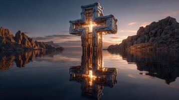 Large metallic cross structure stands in still water reflecting sunset glow near rocky landscape photo