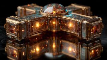 Intricate futuristic artifact with glowing elements displayed against a dark reflective background photo