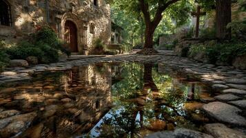 Quiet street lined with stone buildings and trees reflecting in a pool of water during late afternoon photo