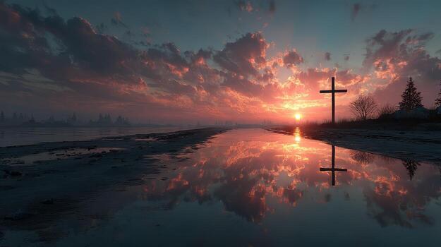 Sunset reflection over calm waters with silhouetted cross and vibrant clouds in evening sky photo