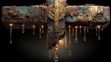 Unique cross sculpture dripping with golden liquid in an artistic display photo