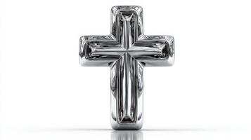 Shiny metallic cross on a white background reflecting light with elegant contours photo