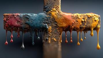 Colorful paint dripping from a textured cross in an artistic display showcasing creativity and expression photo