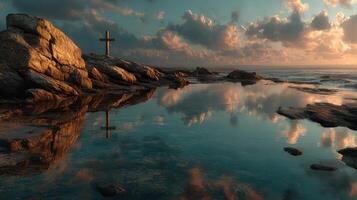 Sunset reflection on water at rocky shoreline with cross amidst vivid clouds in serene coastal setting photo