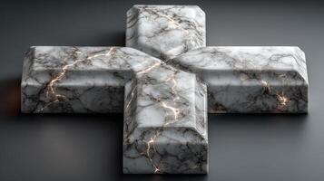 Abstract marble sculpture designed in the shape of a cross on a dark surface with intricate veining details photo