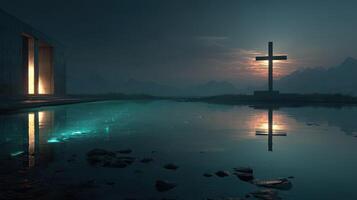 Serene reflection at twilight near a cross by a calm water body in a mountainous landscape photo