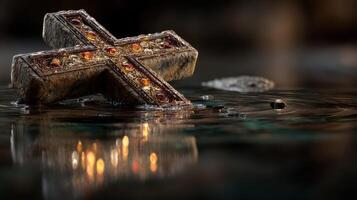 Antique cross resting in calm water reflecting warm light in a serene atmosphere photo