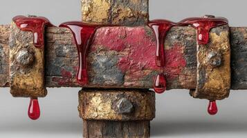 Abstract depiction of aged metal with red paint dripping, showcasing texture and color contrast in an artistic composition photo